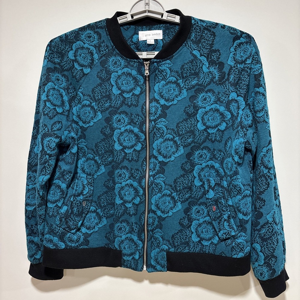 Erin London Womens Bomber Jacket L Teal Floral Boho Tapestry‎ Textured EUC
